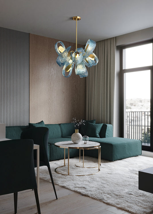 Aquaflow 12-Light Chandelier - Brass Finish, Aqua Glass, Brass Frame, G9 Base