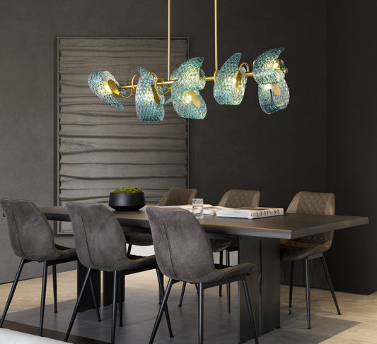Aquaflow 8-Light Bar Pendant - Brass Finish, Aqua Glass, Brass Frame, G9 Base