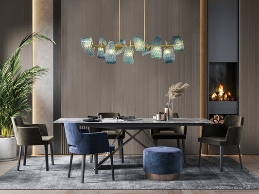 Aquaflow 10-Light Bar Pendant - Brass Finish, Aqua Glass, Brass Frame, G9 Base