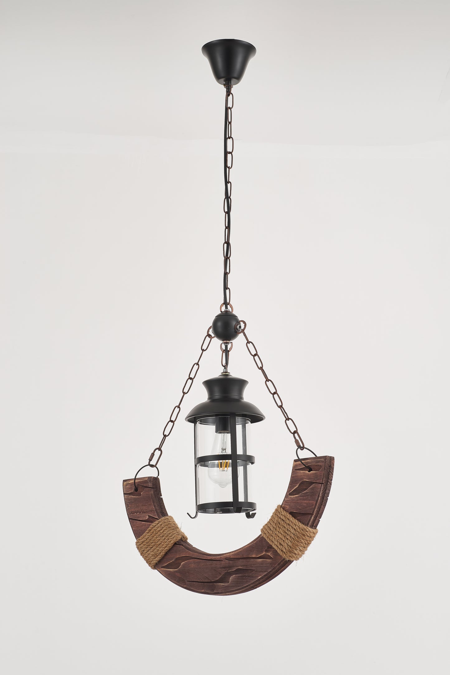 Yoke Single-Light Retro Wood Pendant - Black Finish, Natural Wood Accents, E27 Base