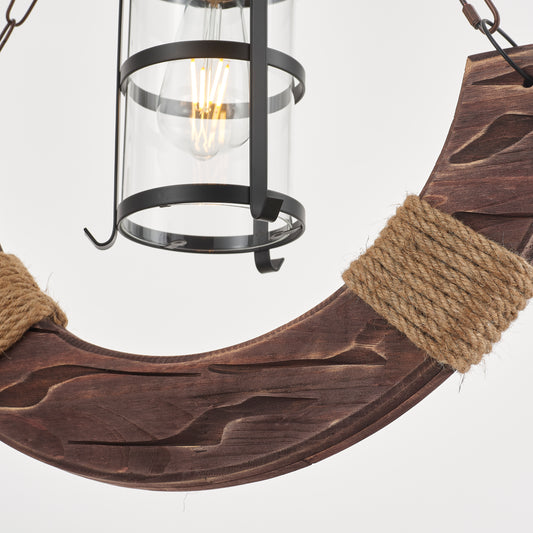 Yoke Single-Light Retro Wood Pendant - Black Finish, Natural Wood Accents, E27 Base