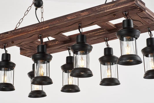 Jabaco 8-Light Retro Wood Pendant - Black Finish, Natural Wood Accents, E27 Base