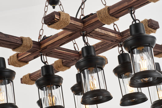 Vado 8-Light Retro Wood Pendant - Black Finish, Natural Wood Accents, E27 Base