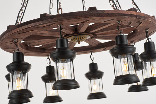 Gamboa 8-Light Retro Wood Pendant - Black Finish, Natural Wood Accents, E27 Base