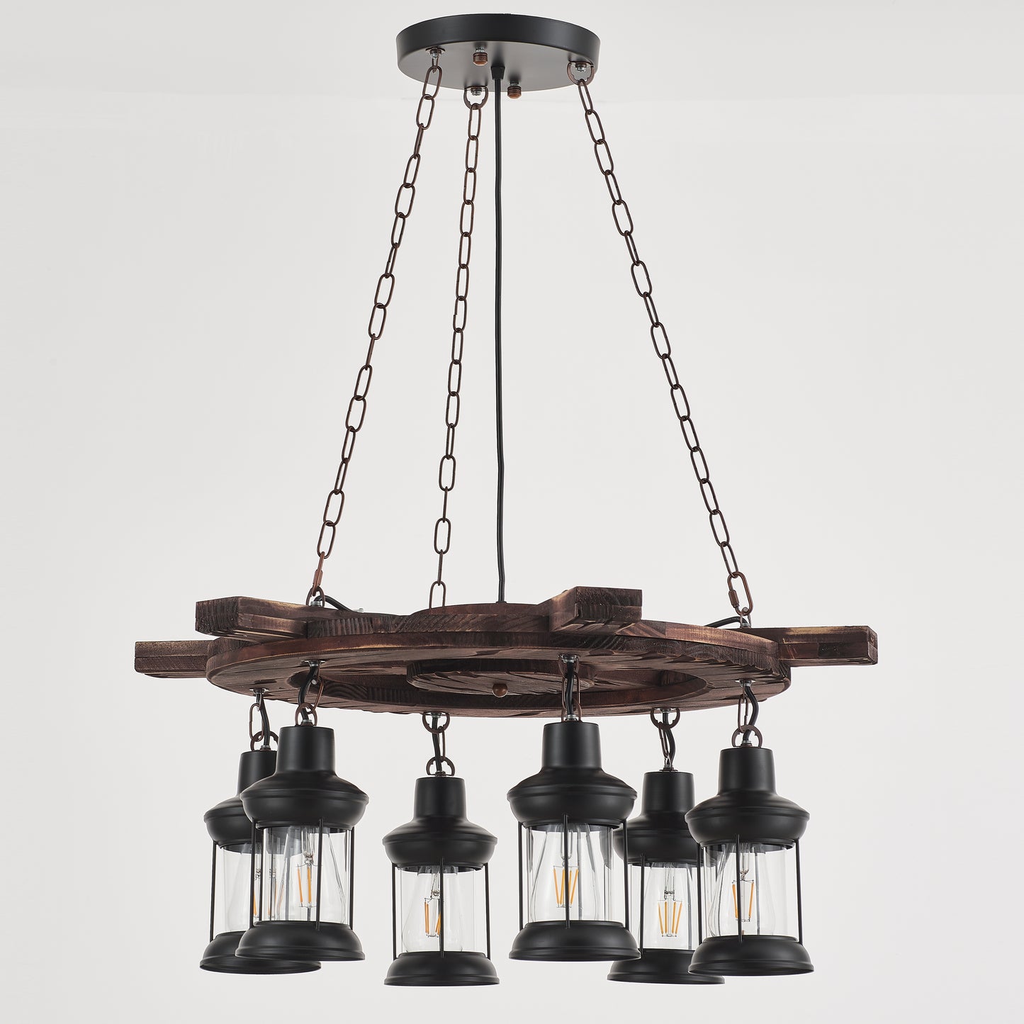 Davy Jones 6-Light Retro Wood Pendant - Black Finish, Natural Wood Accents, E27 Base