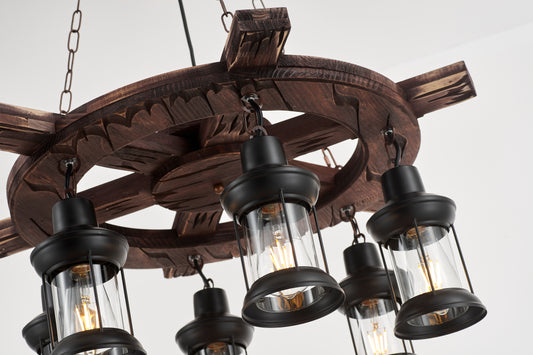 Davy Jones 6-Light Retro Wood Pendant - Black Finish, Natural Wood Accents, E27 Base