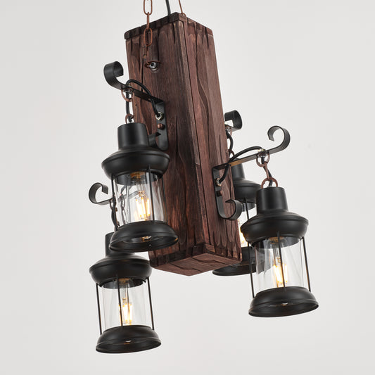 Belic 4-Light Retro Wood Pendant - Black Finish, Natural Wood Accents, E27 Base