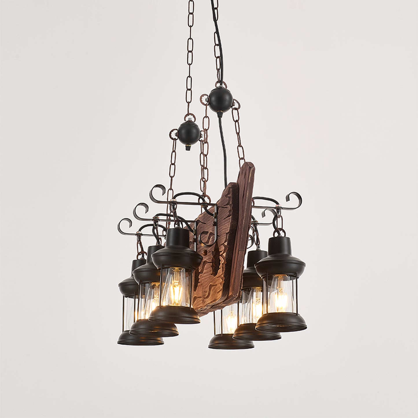 Chalupa 6-Light Retro Wood Pendant - Black Finish, Natural Wood Accents, E27 Base