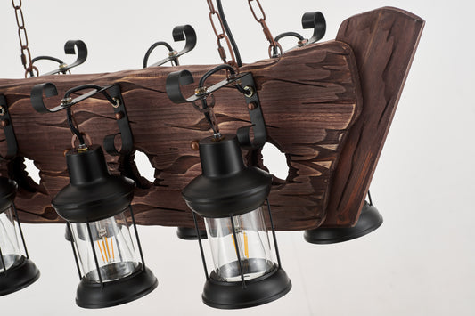 Chalupa 6-Light Retro Wood Pendant - Black Finish, Natural Wood Accents, E27 Base