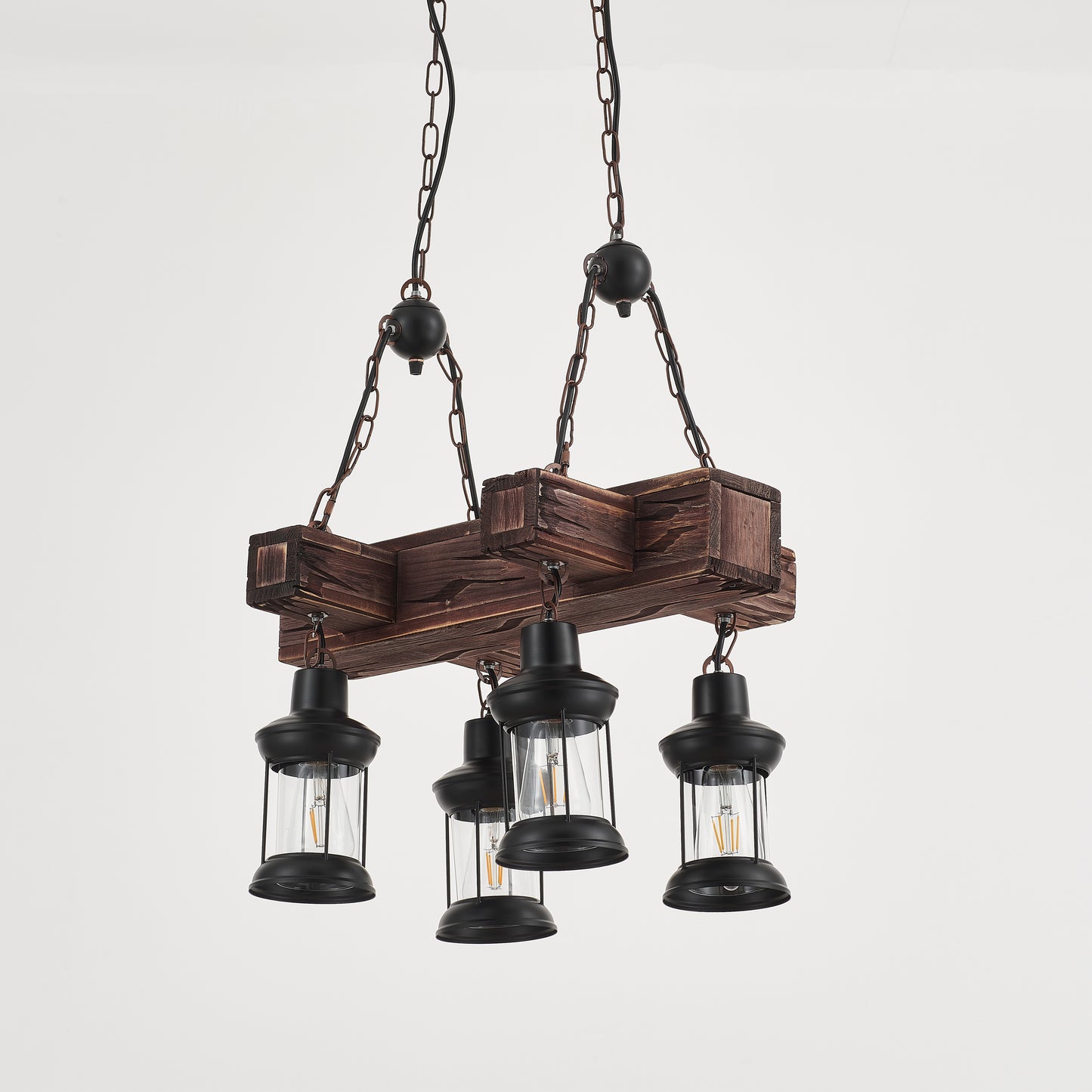 Javier 4-Light Retro Wood Pendant - Black Finish, Natural Wood Accents, E27 Base