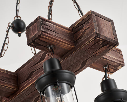 Javier 4-Light Retro Wood Pendant - Black Finish, Natural Wood Accents, E27 Base