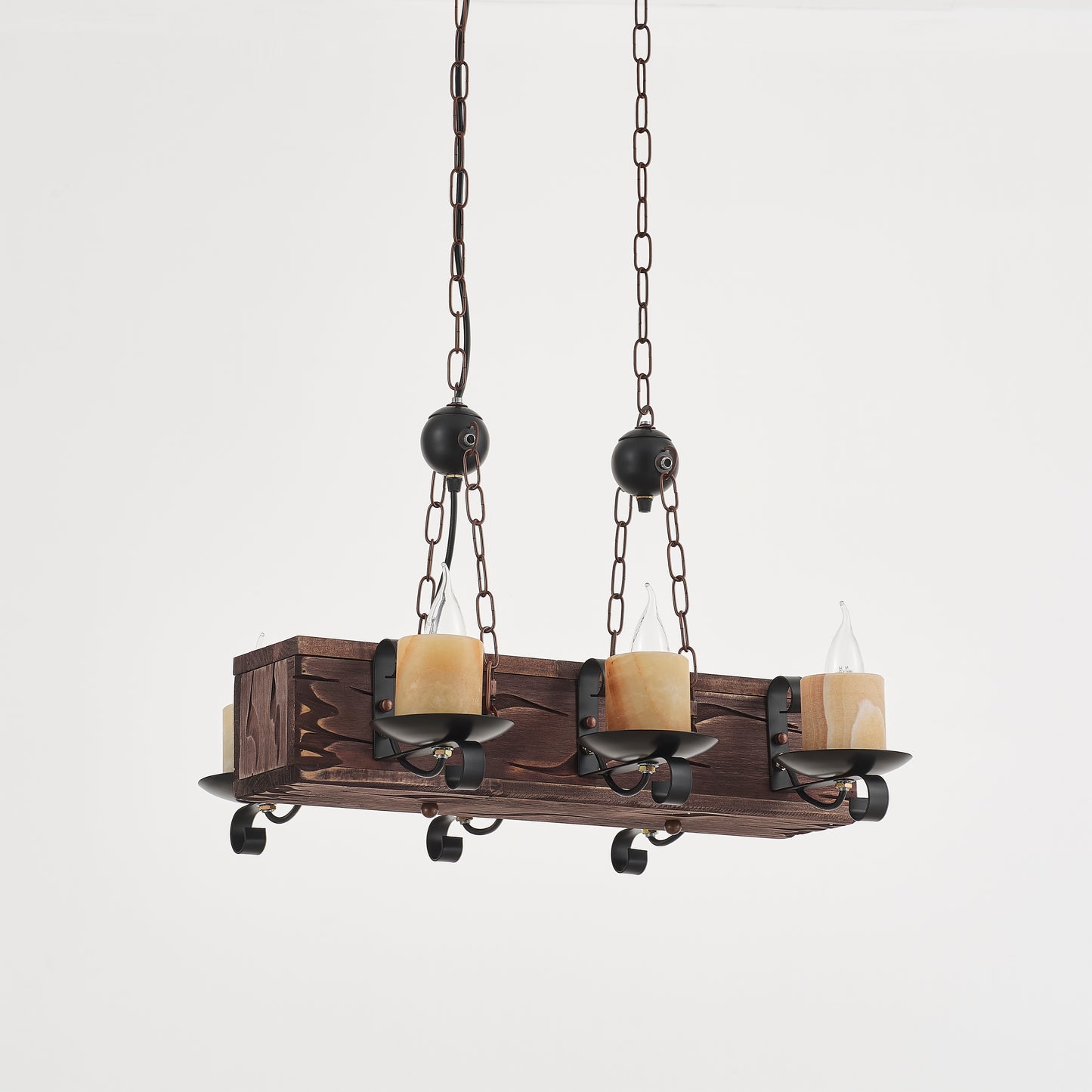 Corsair 6-Light Retro Wood Pendant - Black Finish, Natural Wood Accents, E14 Base