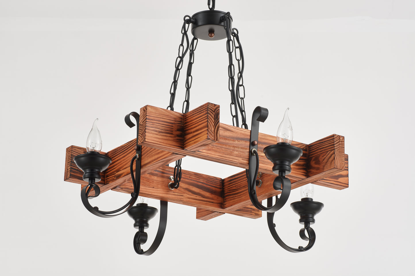 Chambas 4-Light Retro Wood Pendant - Black Finish, Natural Wood Accents, E14 Base