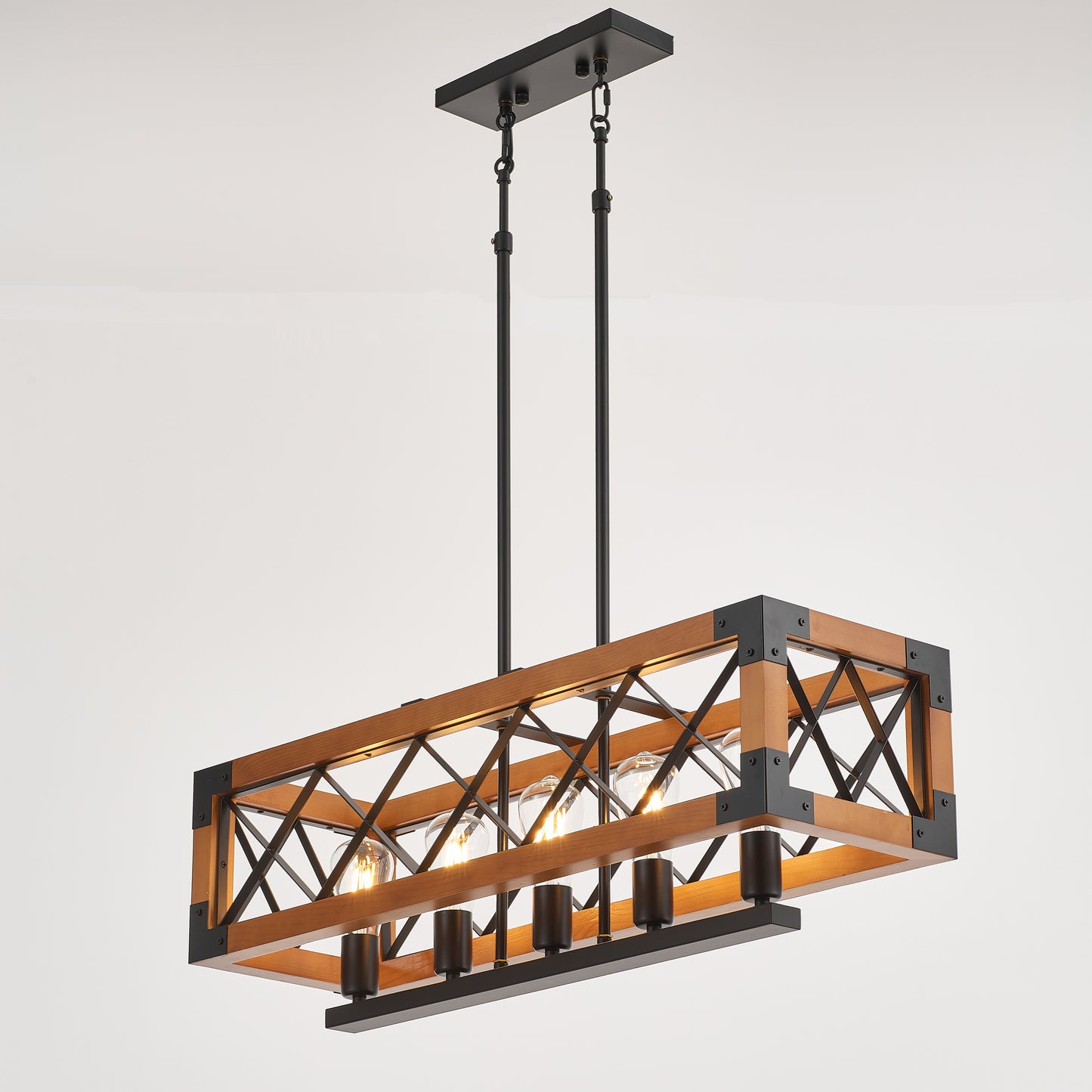 Javier 5-Light Retro Wood Pendant - Black Finish, Natural Wood Accents, E27 Base