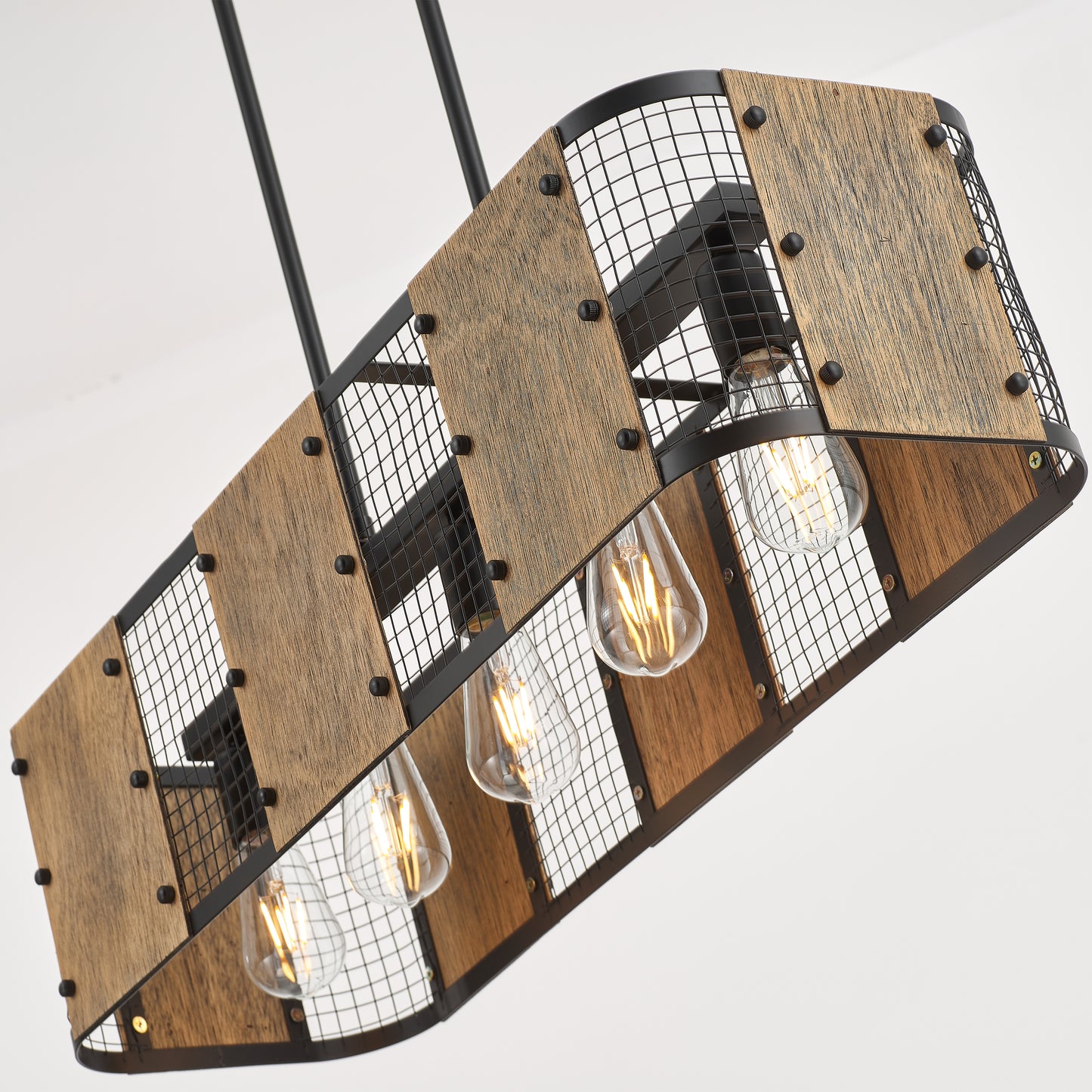 Marcos 5-Light Retro Wood Pendant - Black Finish, Natural Wood Accents, E27 Base