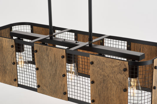 Marcos 5-Light Retro Wood Pendant - Black Finish, Natural Wood Accents, E27 Base