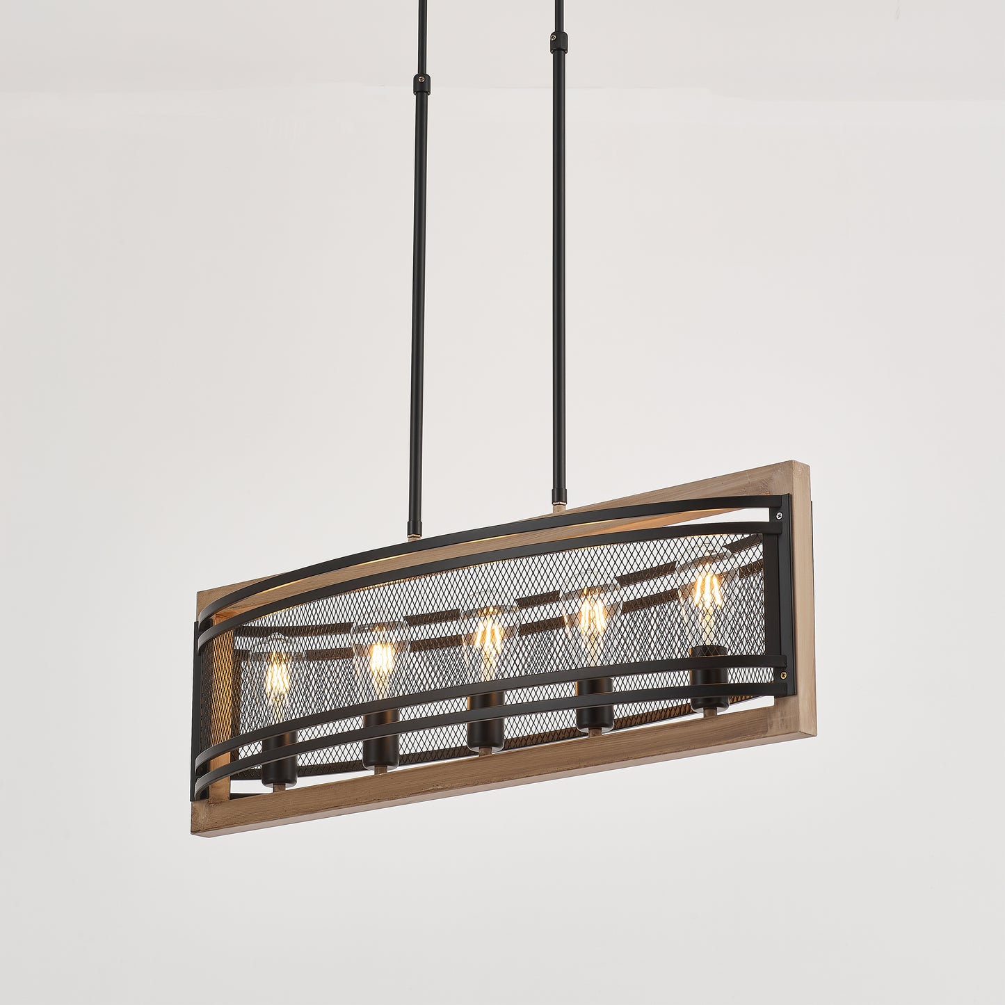 Valla 5-Light Retro Wood Pendant - Black Finish, Natural Wood Accents, E27 Base