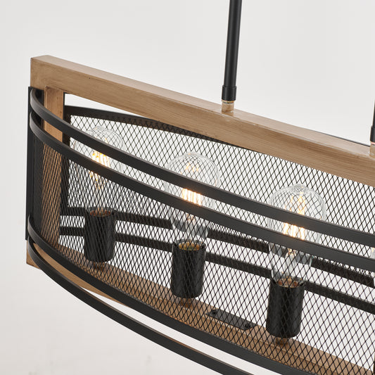 Valla 5-Light Retro Wood Pendant - Black Finish, Natural Wood Accents, E27 Base