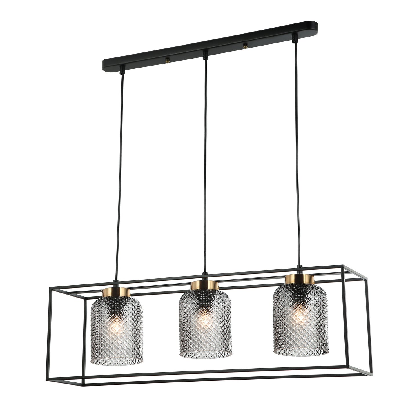 Carlos 3-Light Pendant - Black Finish, Smoke Glass, Metal Frame, E27 Base