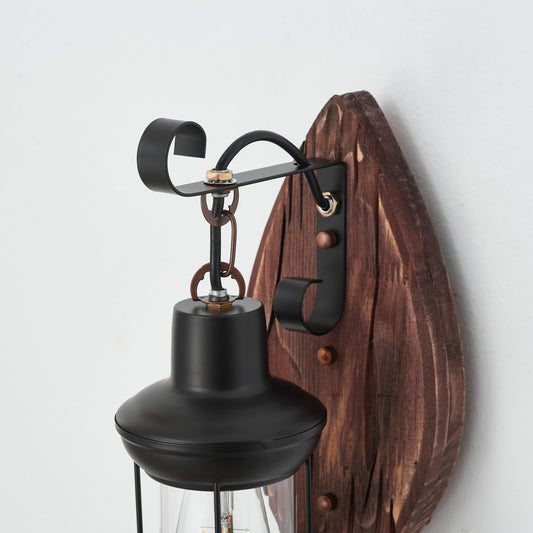Tomas Single-Light Retro Wood Wall Light - Black Finish, Natural Wood Accents, E27 Base