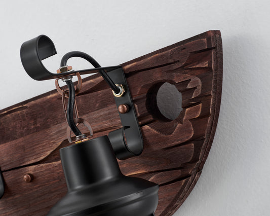 Tomas 2-Light Retro Wood Wall Light - Black Finish, Natural Wood Accents, E27 Base