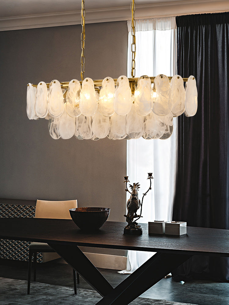 Nuvola 6-Light Oval Chandelier - Brushed Gold Finish, Opal Artistic Glass, Iron Frame, G9 Base