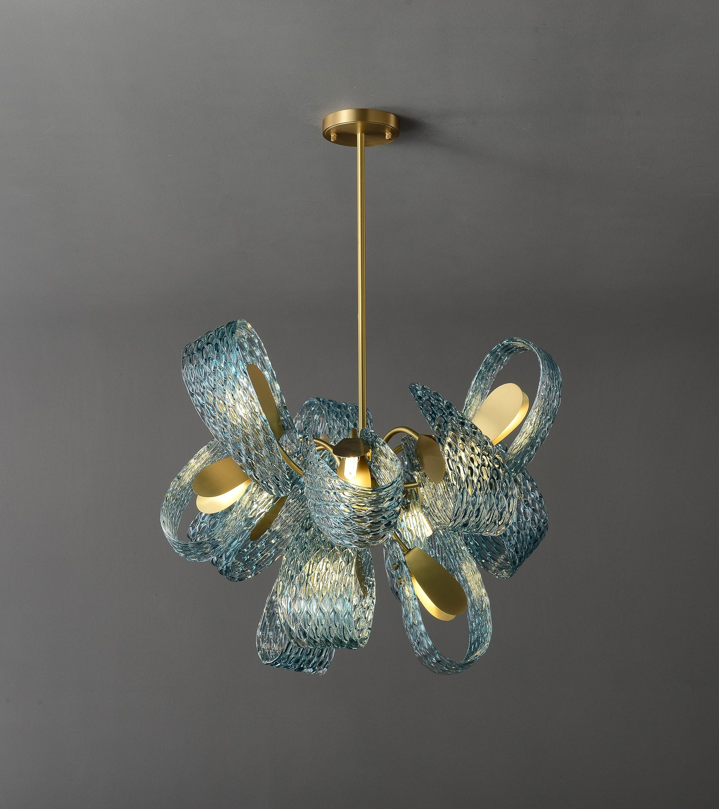 Aquaflow 12-Light Chandelier - Brass Finish, Aqua Glass, Brass Frame, G9 Base