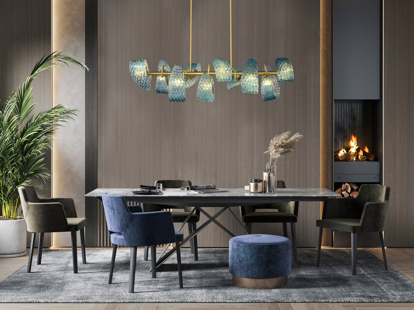 Aquaflow 10-Light Bar Pendant - Brass Finish, Aqua Glass, Brass Frame, G9 Base