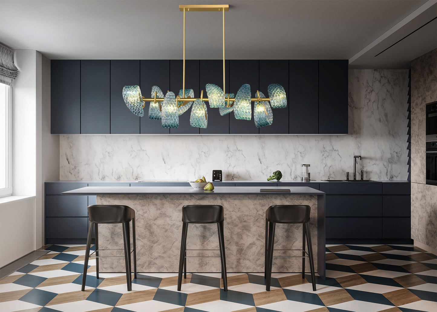 Aquaflow 10-Light Bar Pendant - Brass Finish, Aqua Glass, Brass Frame, G9 Base
