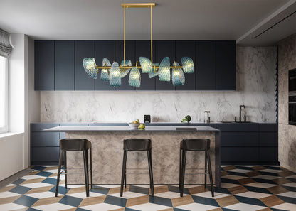 Aquaflow 10-Light Bar Pendant - Brass Finish, Aqua Glass, Brass Frame, G9 Base
