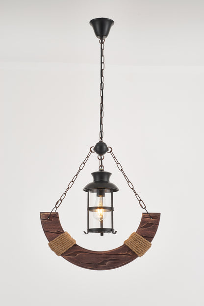 Yoke Single-Light Retro Wood Pendant - Black Finish, Natural Wood Accents, E27 Base