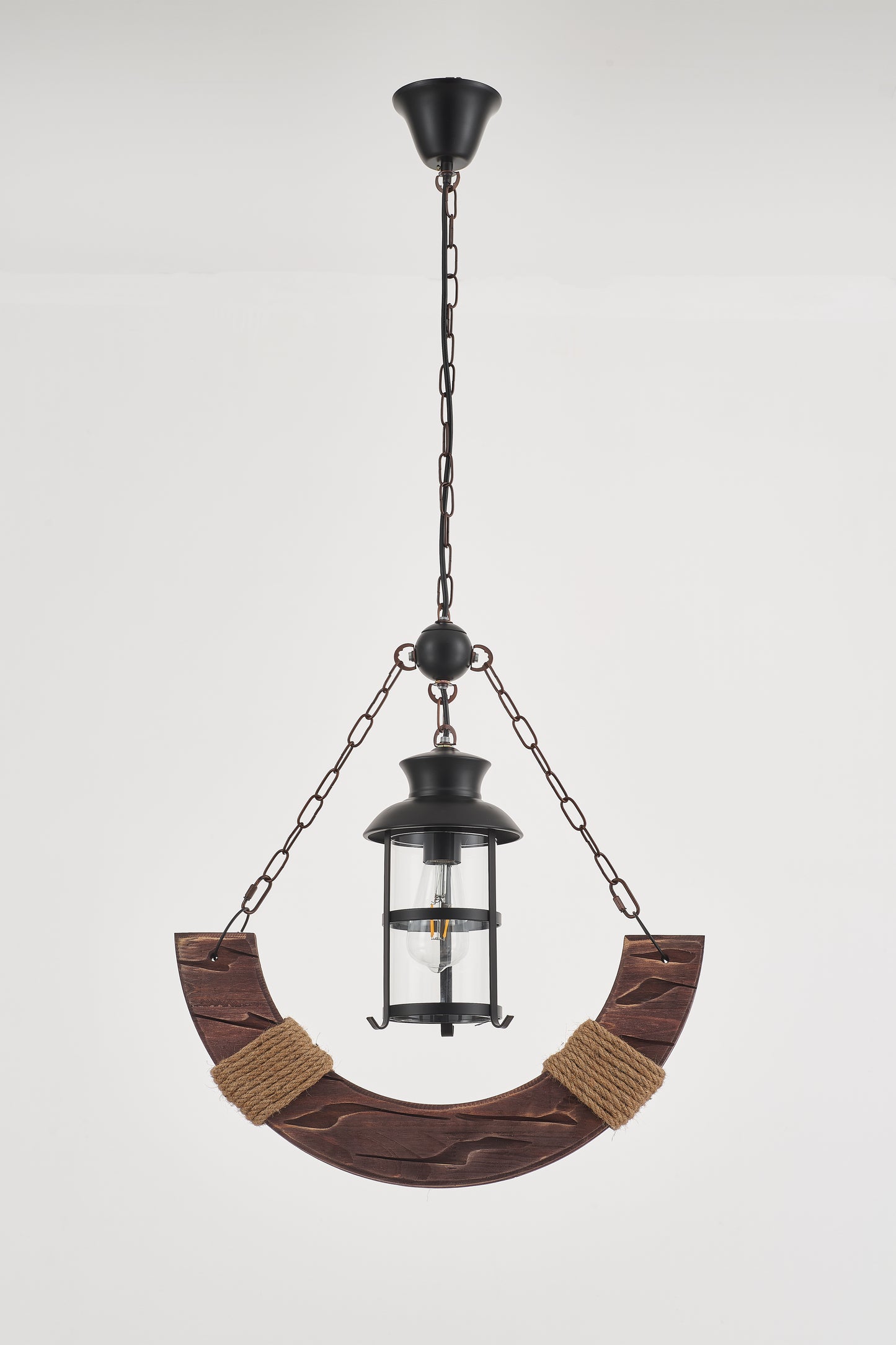 Yoke Single-Light Retro Wood Pendant - Black Finish, Natural Wood Accents, E27 Base