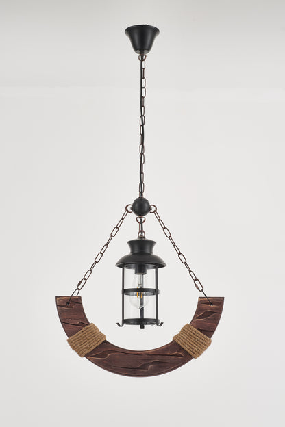 Yoke Single-Light Retro Wood Pendant - Black Finish, Natural Wood Accents, E27 Base