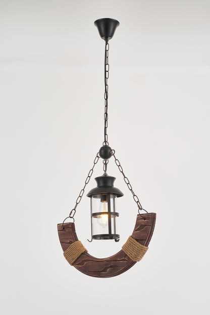 Yoke Single-Light Retro Wood Pendant - Black Finish, Natural Wood Accents, E27 Base
