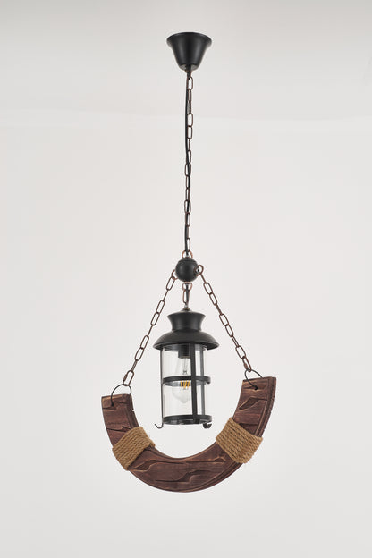 Yoke Single-Light Retro Wood Pendant - Black Finish, Natural Wood Accents, E27 Base