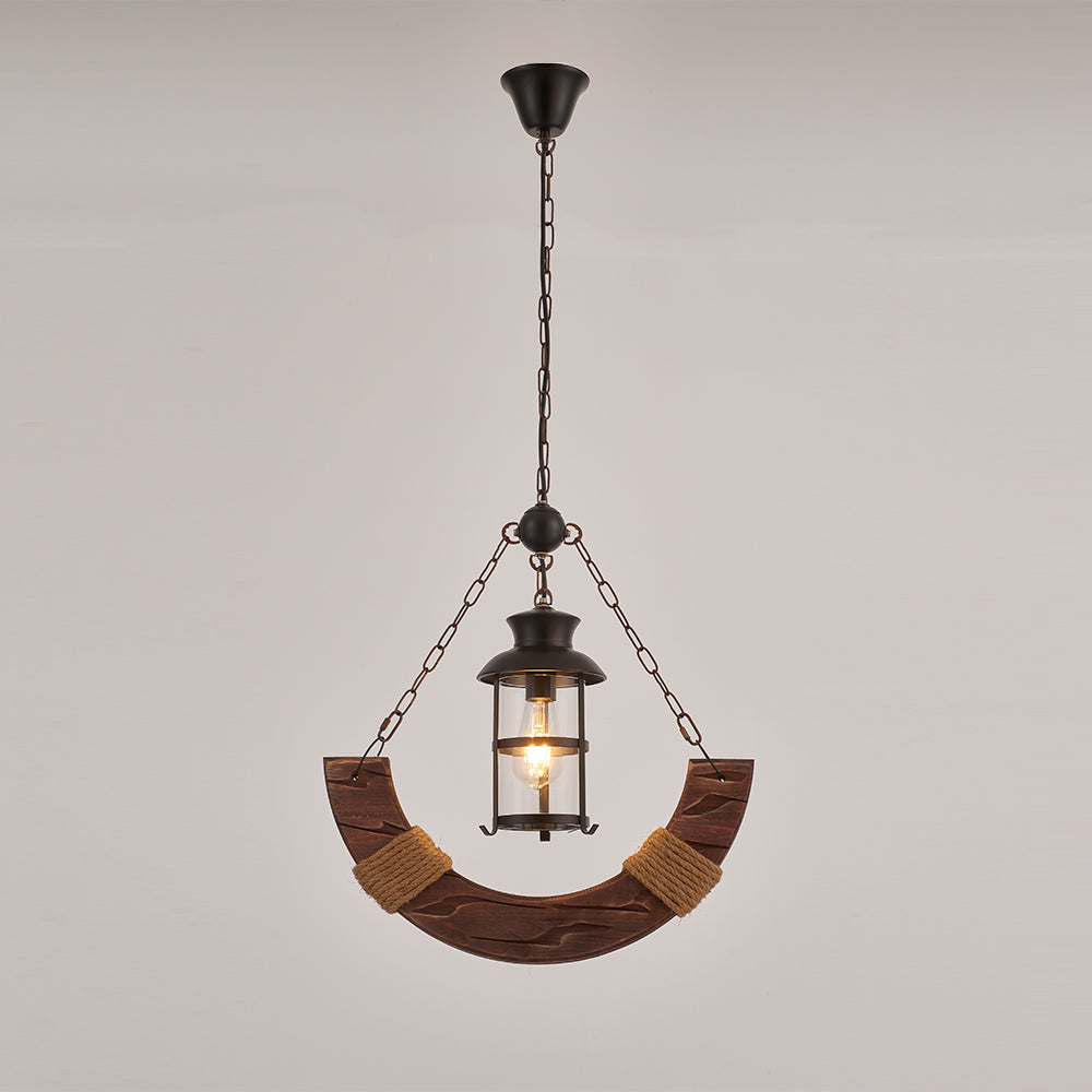 Yoke Single-Light Retro Wood Pendant - Black Finish, Natural Wood Accents, E27 Base