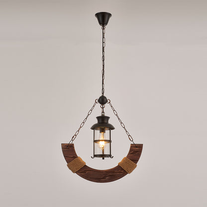 Yoke Single-Light Retro Wood Pendant - Black Finish, Natural Wood Accents, E27 Base