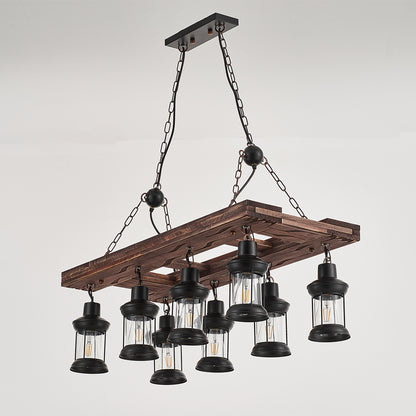 Jabaco 8-Light Retro Wood Pendant - Black Finish, Natural Wood Accents, E27 Base