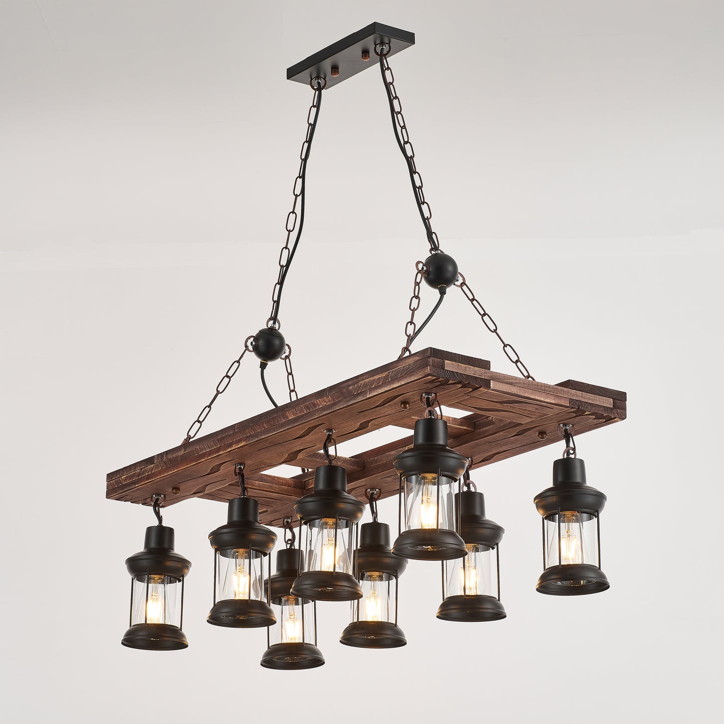 Jabaco 8-Light Retro Wood Pendant - Black Finish, Natural Wood Accents, E27 Base