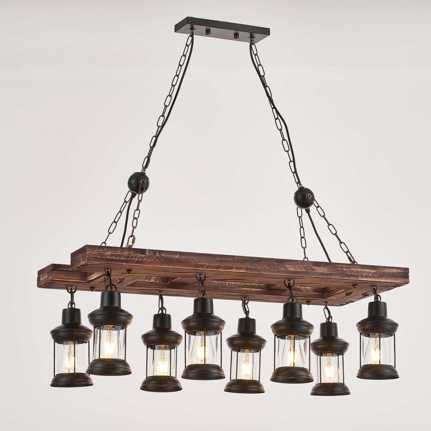 Jabaco 8-Light Retro Wood Pendant - Black Finish, Natural Wood Accents, E27 Base