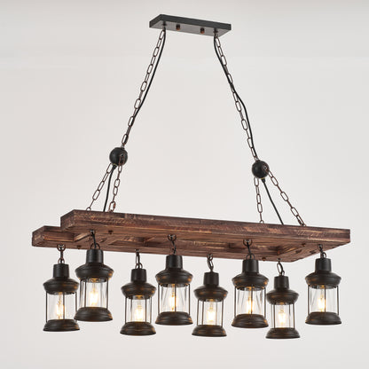 Jabaco 8-Light Retro Wood Pendant - Black Finish, Natural Wood Accents, E27 Base