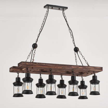 Jabaco 8-Light Retro Wood Pendant - Black Finish, Natural Wood Accents, E27 Base