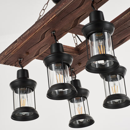 Jabaco 8-Light Retro Wood Pendant - Black Finish, Natural Wood Accents, E27 Base