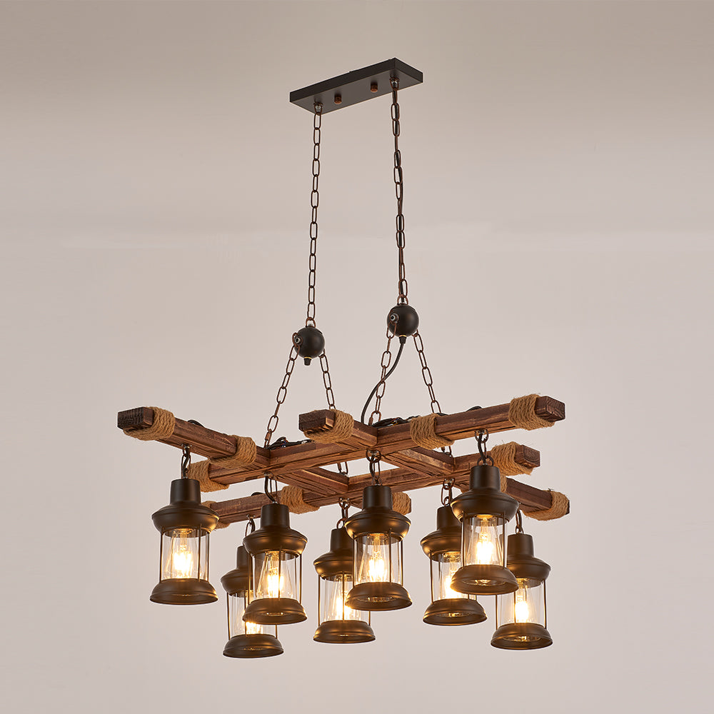 Vado 8-Light Retro Wood Pendant - Black Finish, Natural Wood Accents, E27 Base