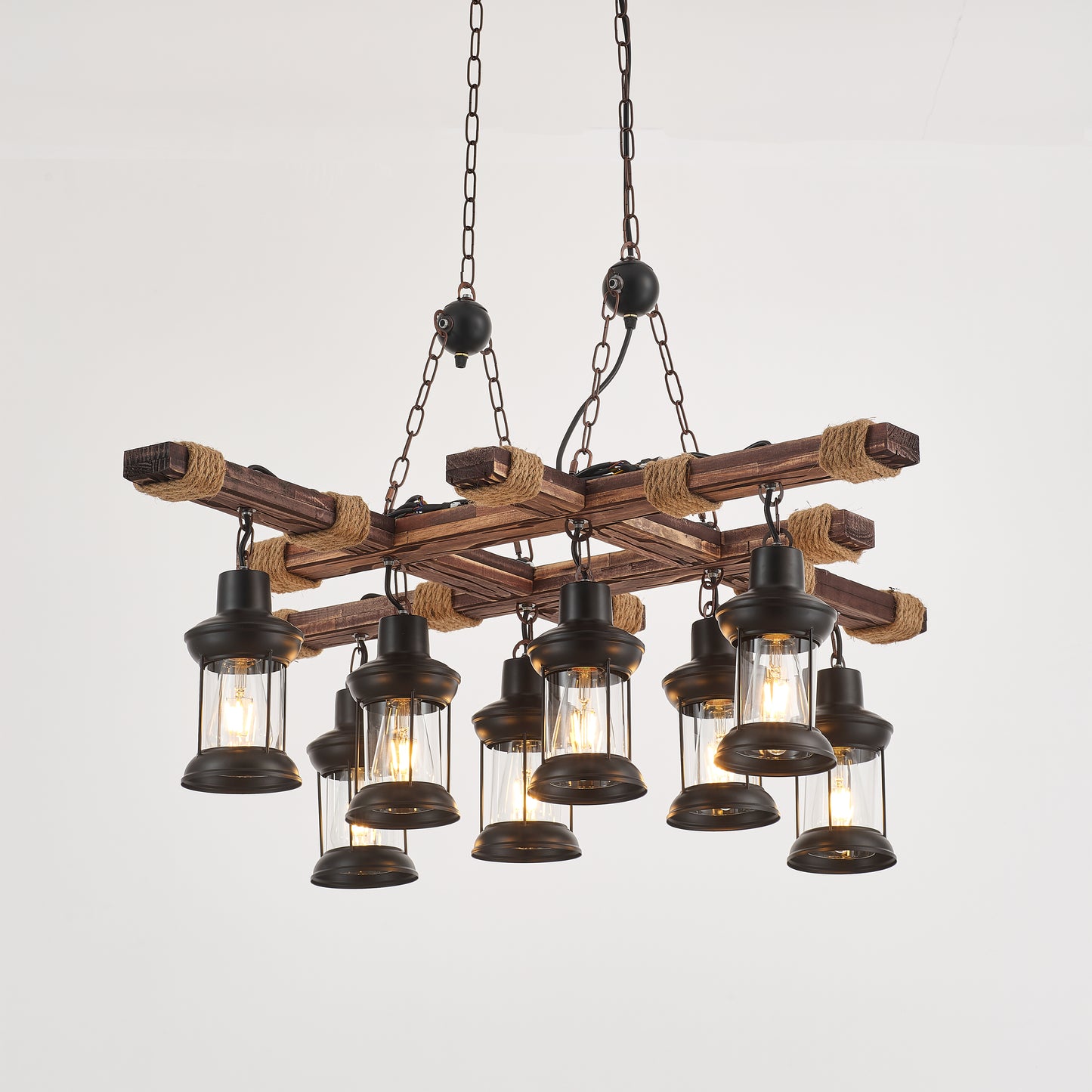 Vado 8-Light Retro Wood Pendant - Black Finish, Natural Wood Accents, E27 Base