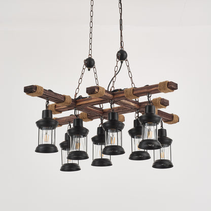 Vado 8-Light Retro Wood Pendant - Black Finish, Natural Wood Accents, E27 Base