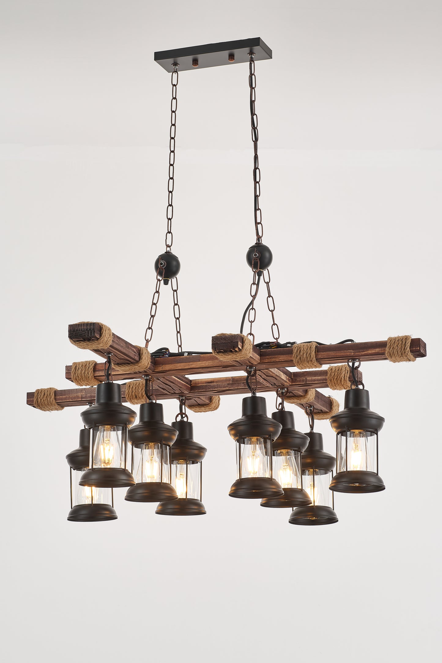 Vado 8-Light Retro Wood Pendant - Black Finish, Natural Wood Accents, E27 Base