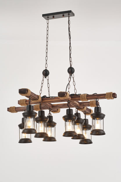 Vado 8-Light Retro Wood Pendant - Black Finish, Natural Wood Accents, E27 Base