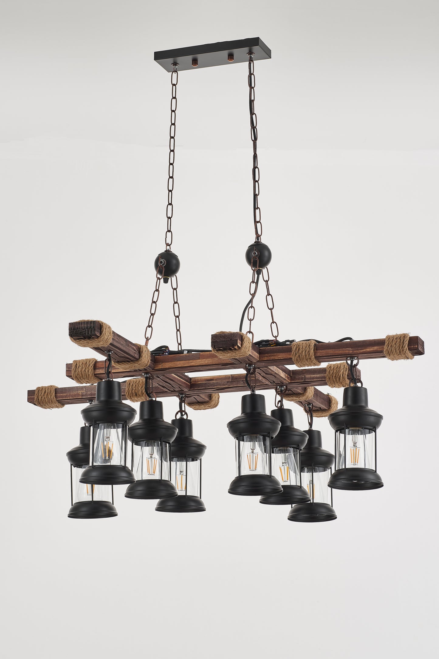 Vado 8-Light Retro Wood Pendant - Black Finish, Natural Wood Accents, E27 Base