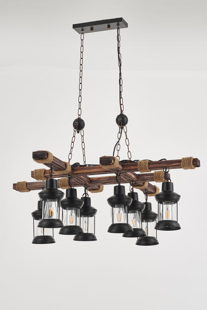Vado 8-Light Retro Wood Pendant - Black Finish, Natural Wood Accents, E27 Base